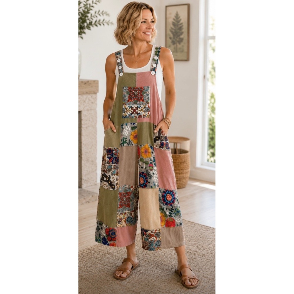 Yak & Yeti Womens Patchwork Overalls Boho Floral Wide Leg Jumpsuit Pink Green SM